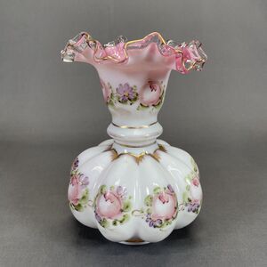 Fenton Art Glass Charleton Vase 8 1/4" Double Crimped Pink White Ruffled Edge